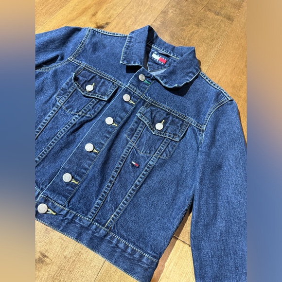 Tommy Hilfiger Dark Wash Denim Jean Crop Button Up Jacket Womens Sz Lg Vtg 2000 - Picture 6 of 7